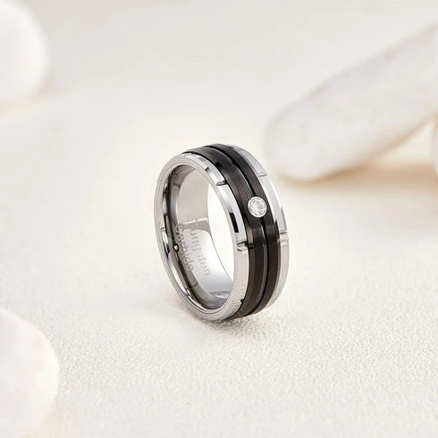 Men's 8mm Tungsten Brushed Black Silver Groove CZ Comfort-Fit Wedding Band
